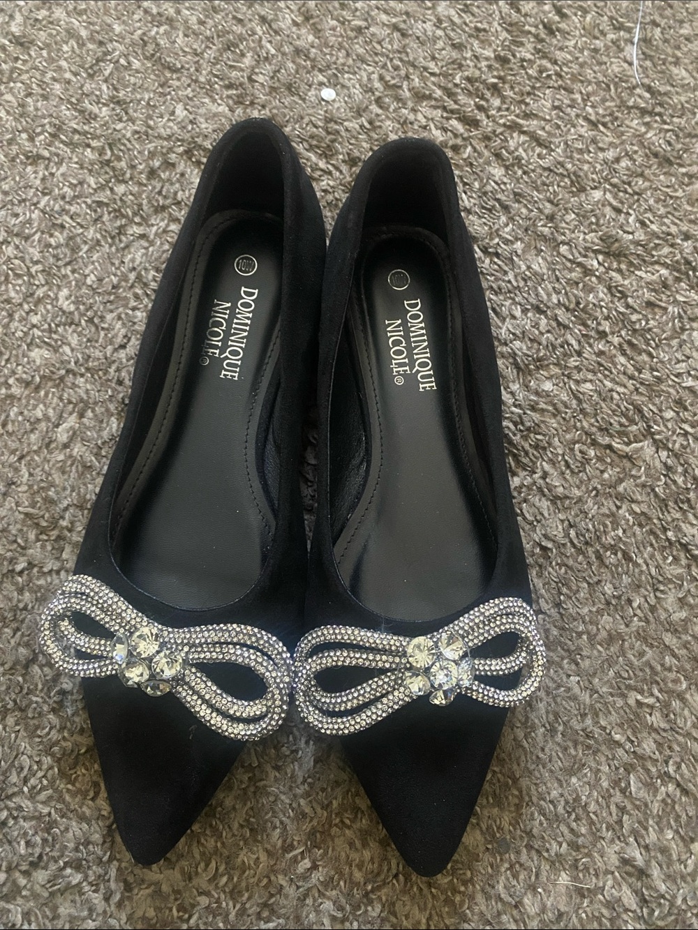 Dominique Black Pointed Flats with Crystal Bow Accent